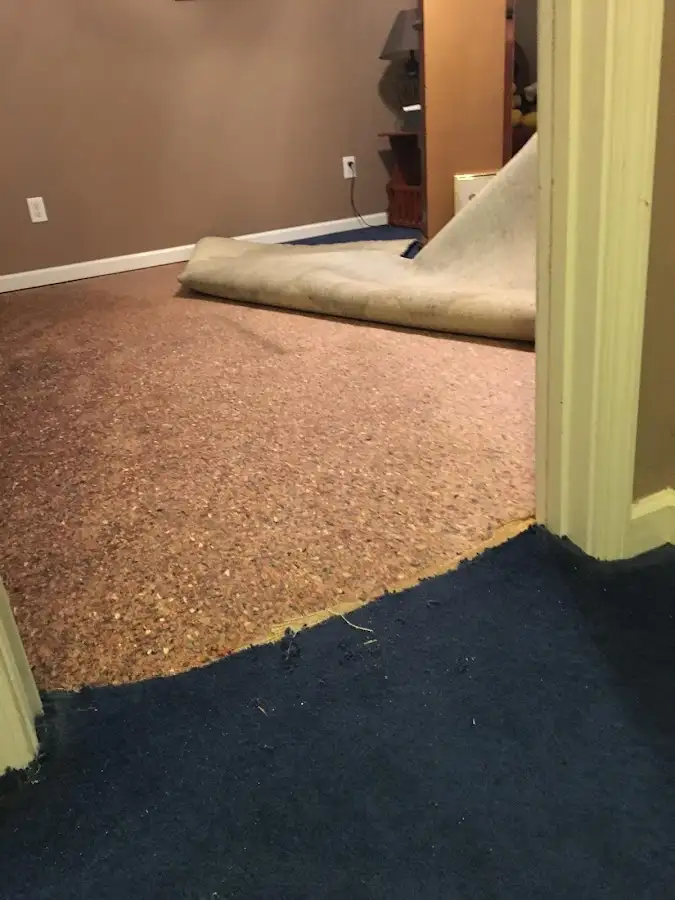 Carpet pad removal revealing water damage during Water Mitigation Services in Grants